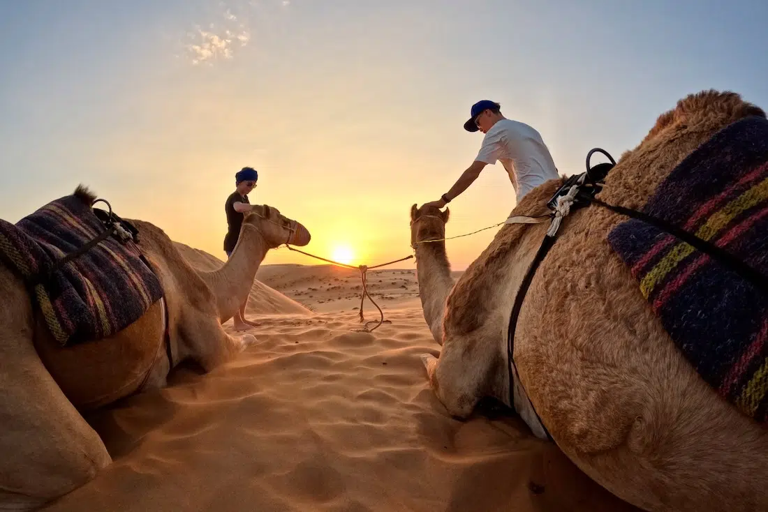 Ben und Flo mit zwei Kamelen in der Rimal Al Wahiba Wüste im Oman