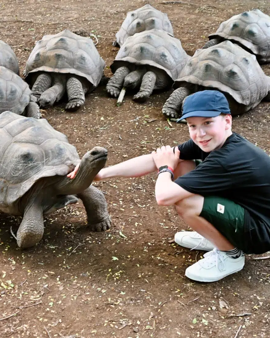 Ben streichelt Risenschildkröte auf Rodrigues